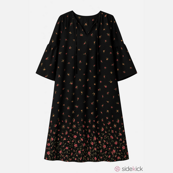 Old Navy Dresses & Skirts - Old Navy Black Floral Shift Dress 3/4 Bell Sleeve Tie Neck Boho Mini Large